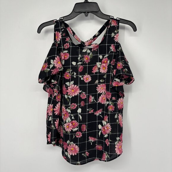 BCX Women's Cold-Shoulder Plaid Floral Short Sleeve Blouse Black White XS NWOT - Picture 2 of 4